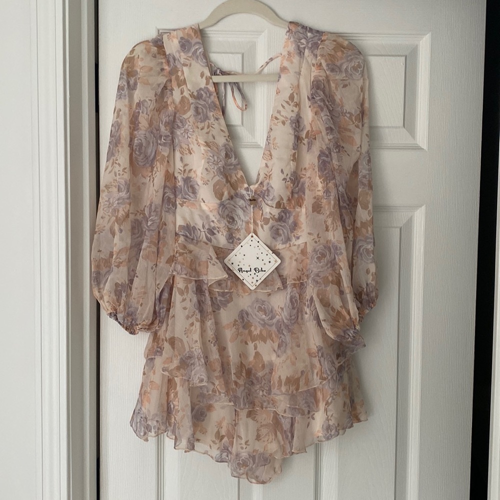 Cream and purple long-sleeved romper